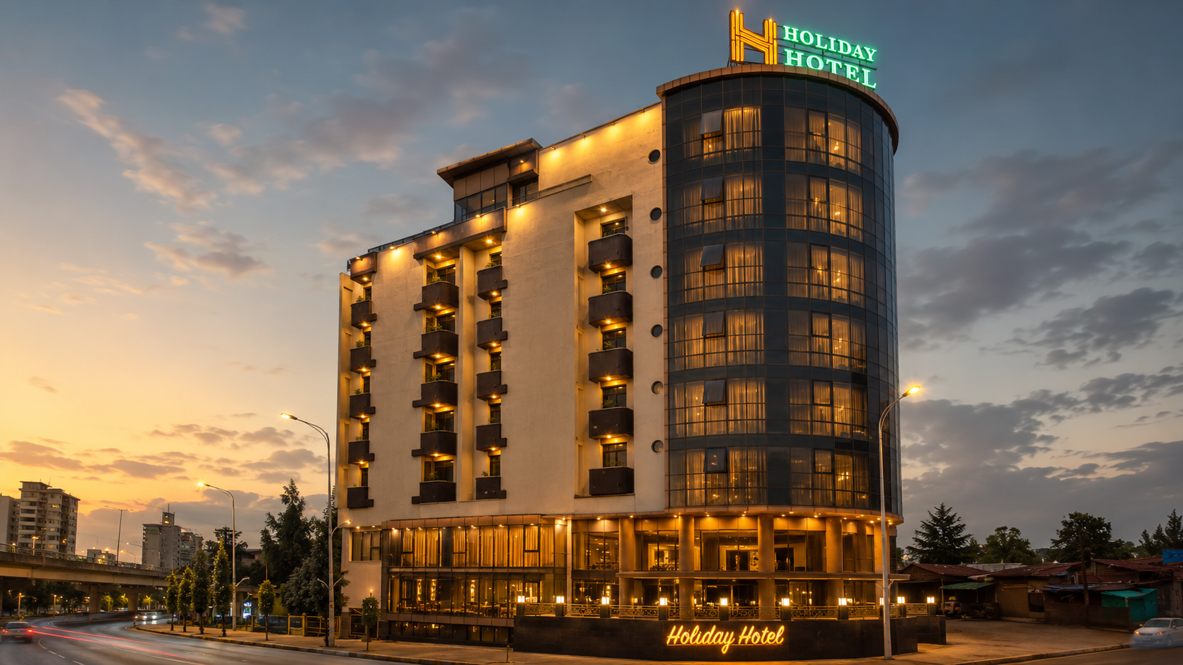 Holiday Hotel exterior at dusk in Addis Ababa